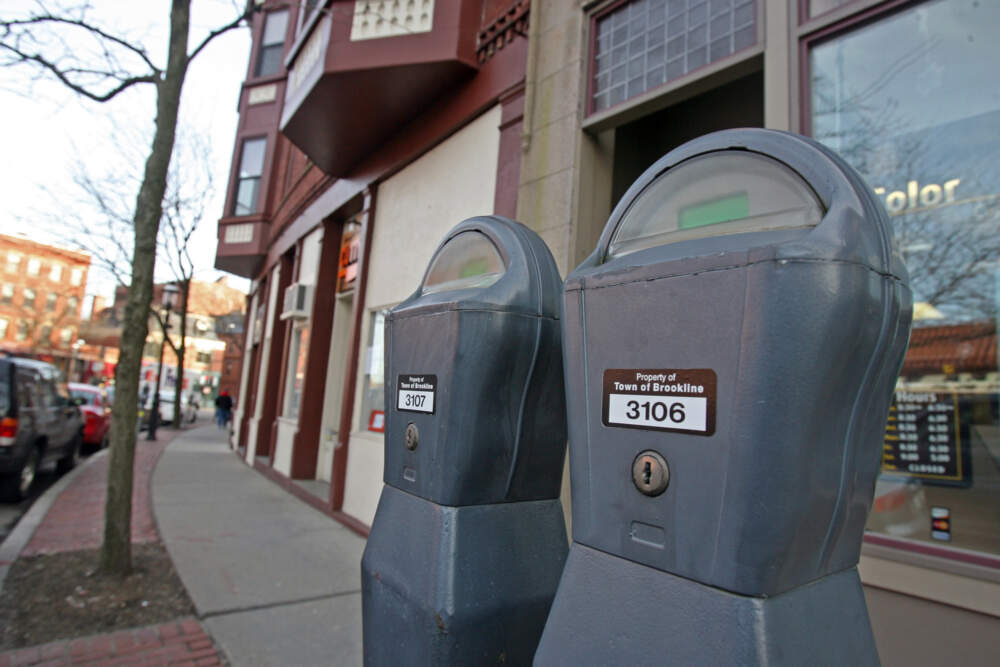 Parking meters on Washington Street in Brookline in 2010. (John Wilcox/MediaNews Group/Boston Herald via Getty Images)