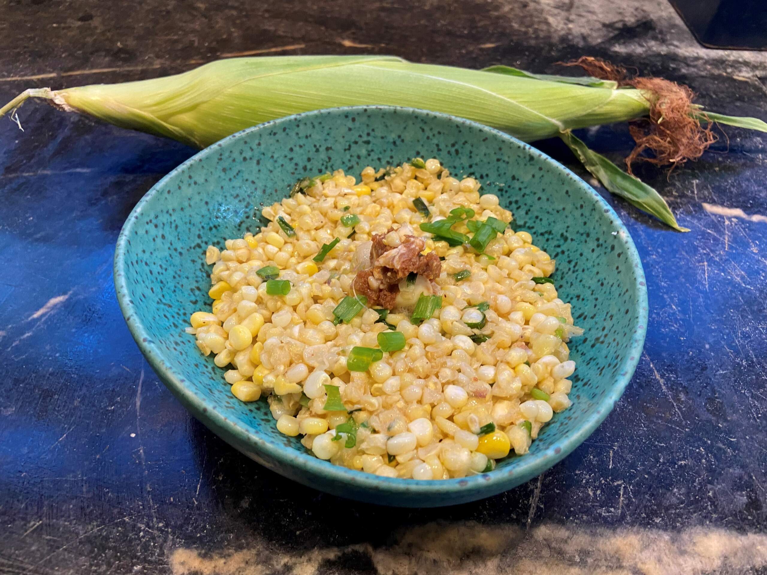Sauteed corn with miso butter and scallions. (Kathy Gunst/Here & Now)