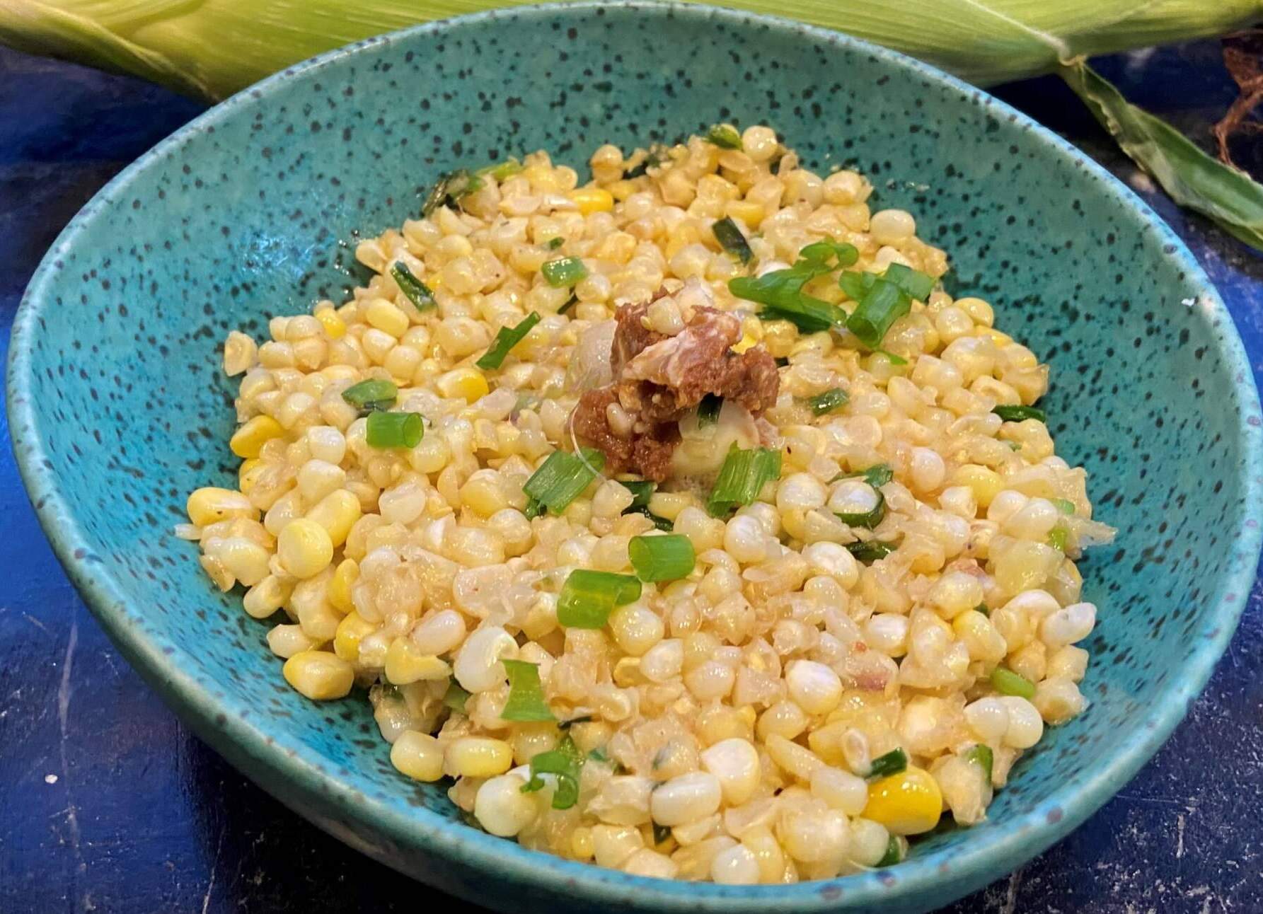 Sauteed corn with miso butter and scallions. (Kathy Gunst/Here &amp; Now)