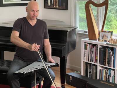 In this episode, Eric Shimelonis plays the glockenspiel with both mallets and a bow! (Courtesy of Rebecca Sheir)