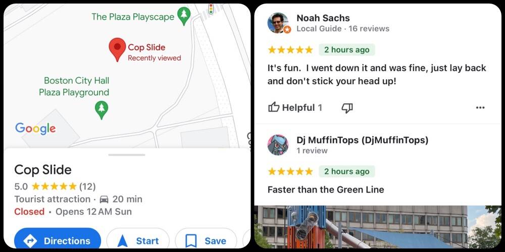 Screenshots of Google maps, though the “cop slide” marker has since been removed (left) and “user reviews” of the slide (right), from August 2023. (Courtesy Miles Howard)