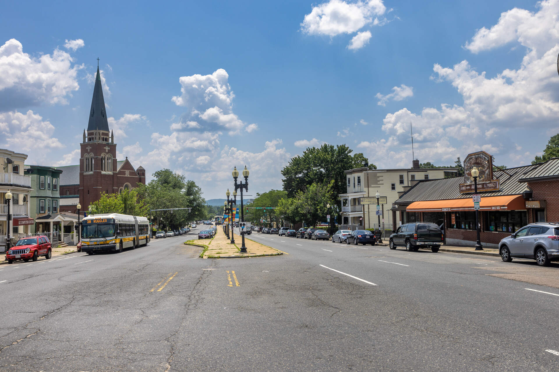 A view of Mattapan looking down Blue Hill Avenue into Mattapan Square. (Jesse Costa/WBUR)