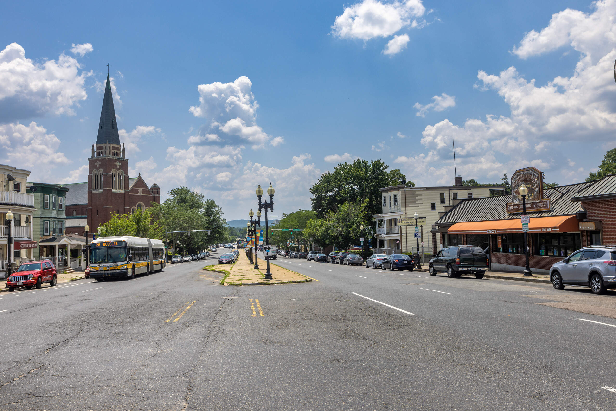 A view of Mattapan looking down Blue Hill Avenue into Mattapan Square. (Jesse Costa/WBUR)