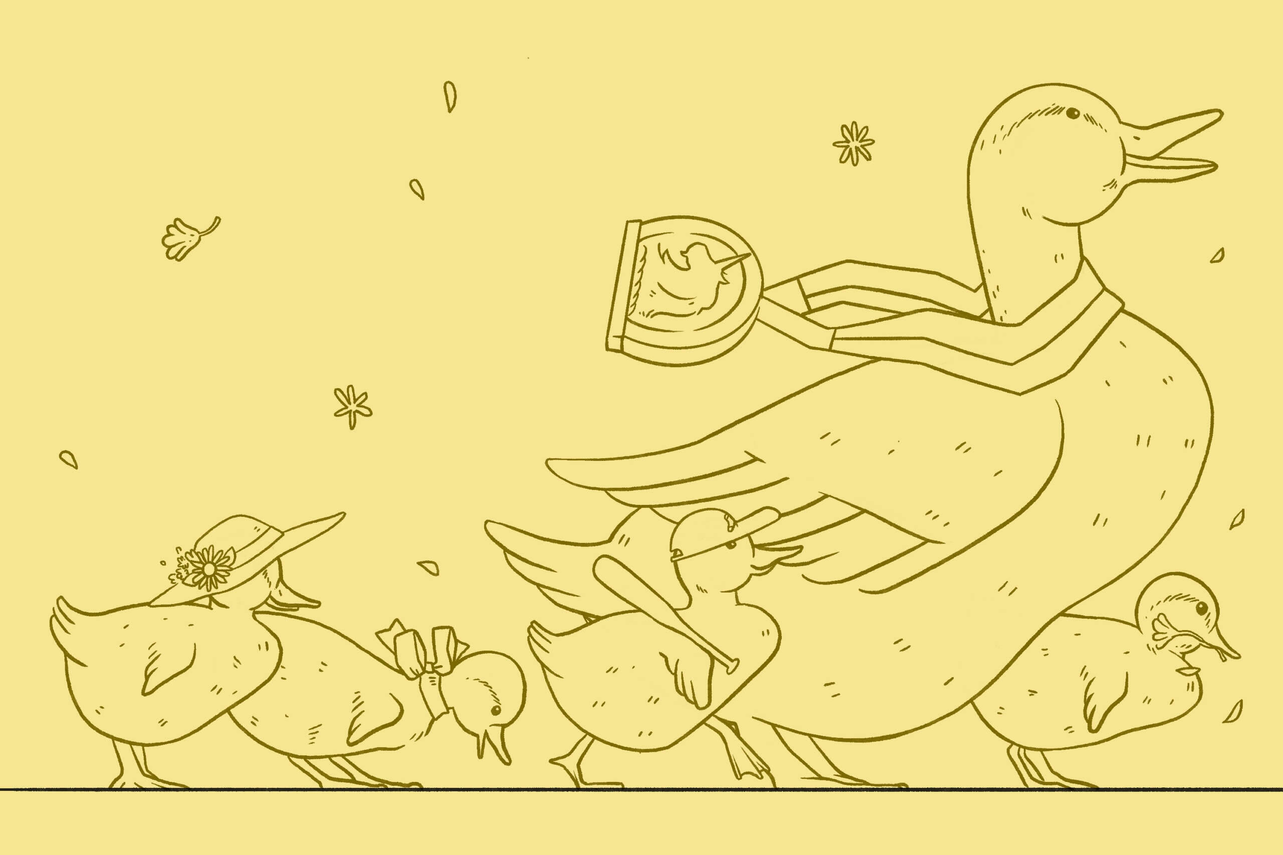 An illustration inspired by Nancy Schön's "Make Way For Ducklings" sculpture. The ducklings in the illustration are dressed for spring weather and events. (Midoriko Grace Abe for WBUR)