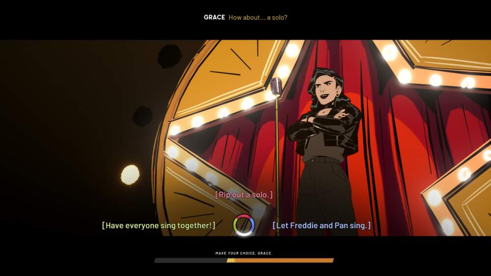 Grace, the protagonist of "Stray Gods," mid-song at a song branch point. (Courtesy of Humble Bundle Games/Summerfall Studios)