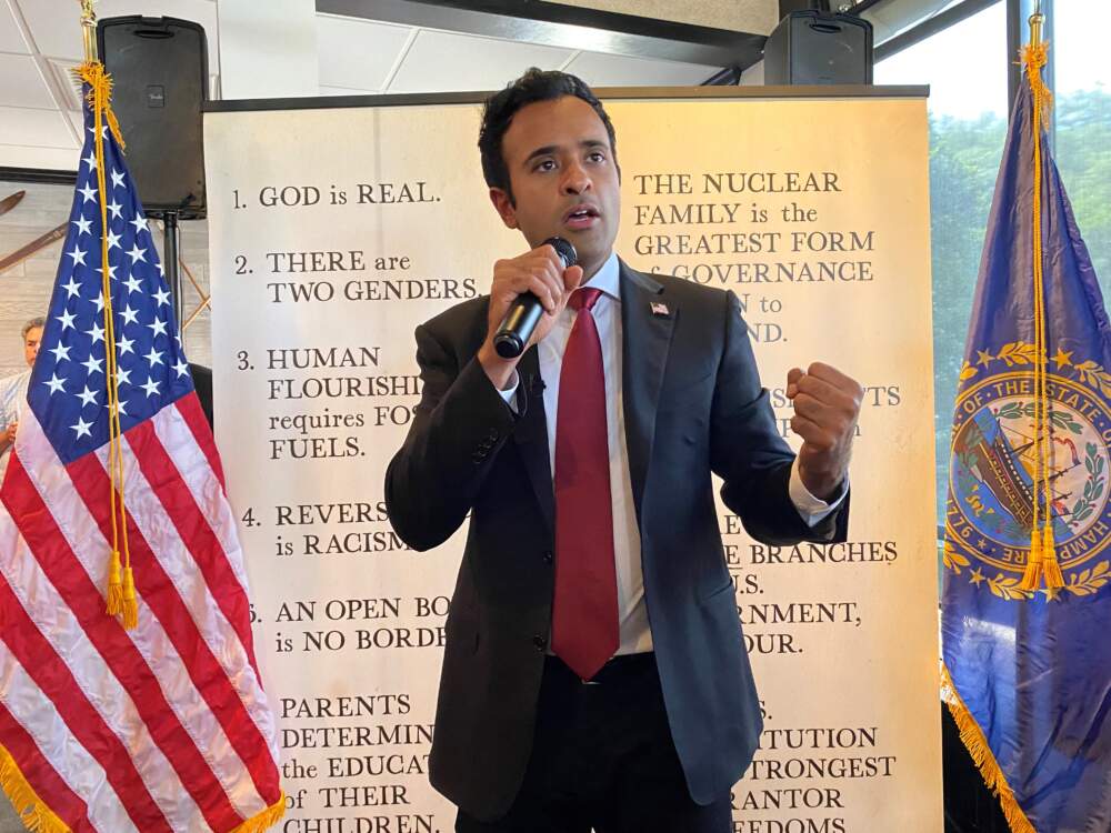 Vivek Ramaswamy campaigning in Milford, New Hampshire, earlier this month. (Anthony Brooks/ WBUR)