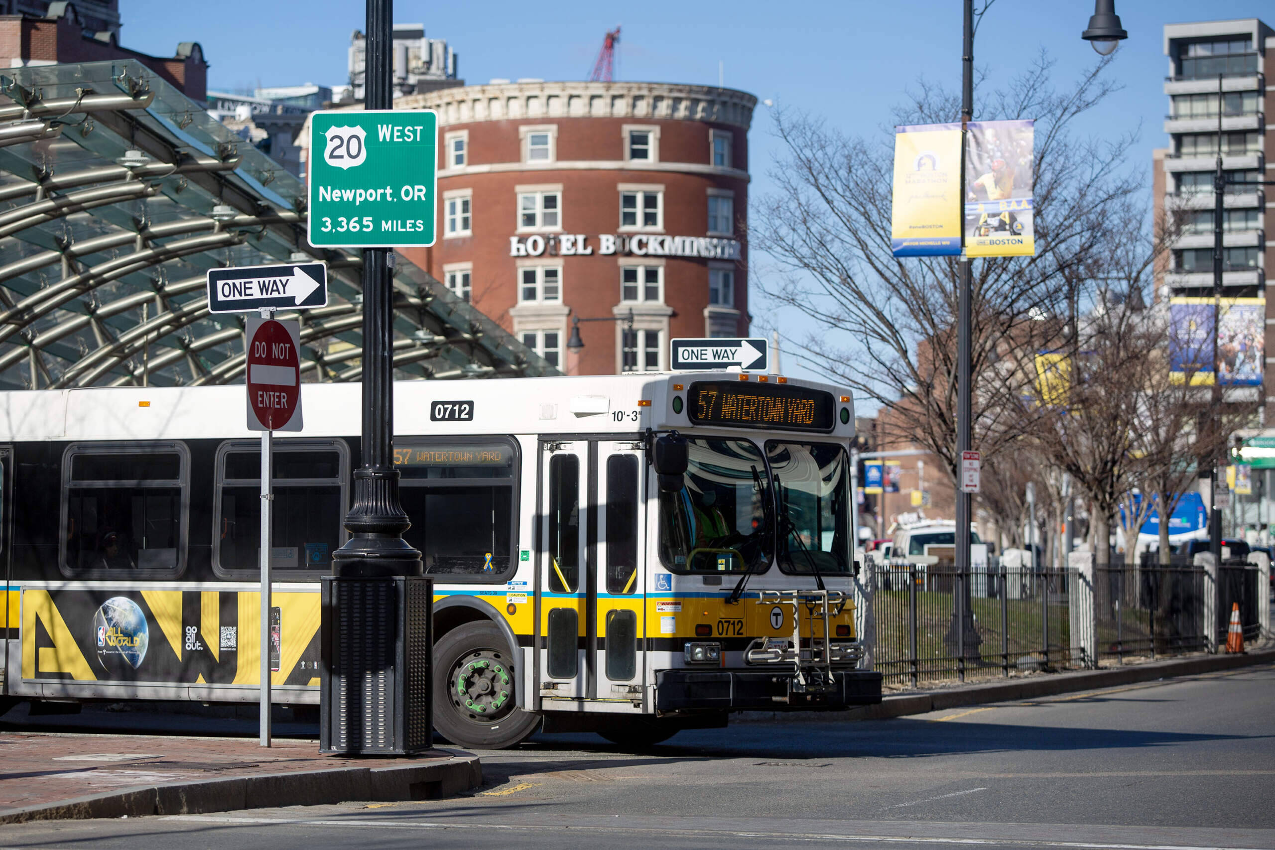 A sign marking Route 20 in Boston's Kenmore Square. (Robin Lubbock/WBUR)