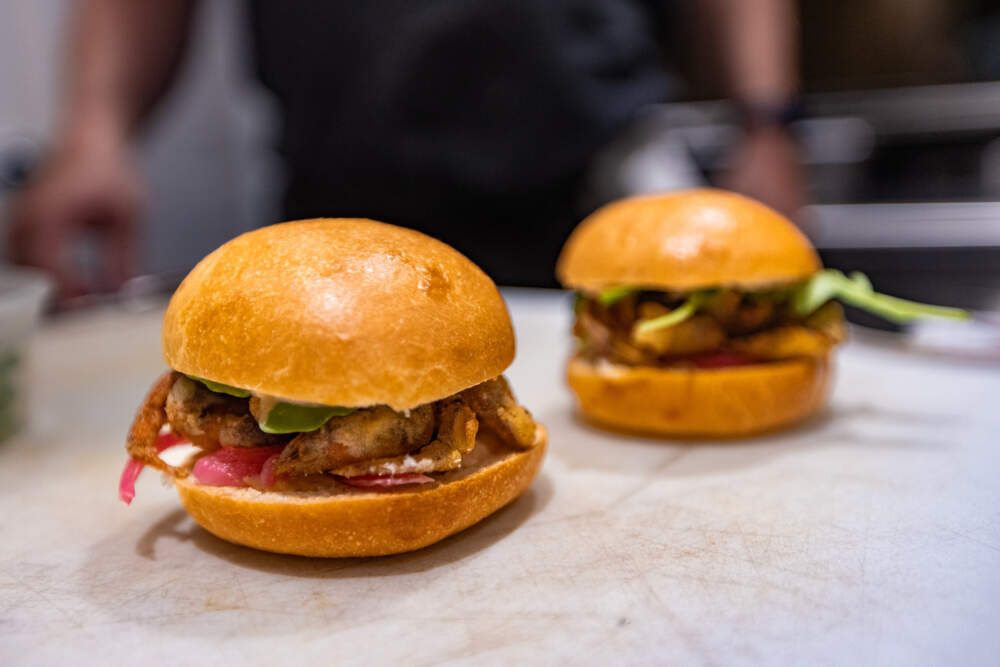 Green crab sliders at the red restaurant Row 34 in Cambridge. (Jesse Costa/WBUR)