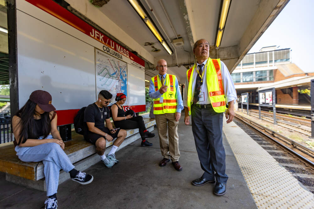 General Manager and CEO, Philip Eng, and the MBTA’s newly hired Chief of Stations, Dennis Varley visit JFK/UMass station in Dorchester to assess the repairs needed there. (Jesse Costa/WBUR)