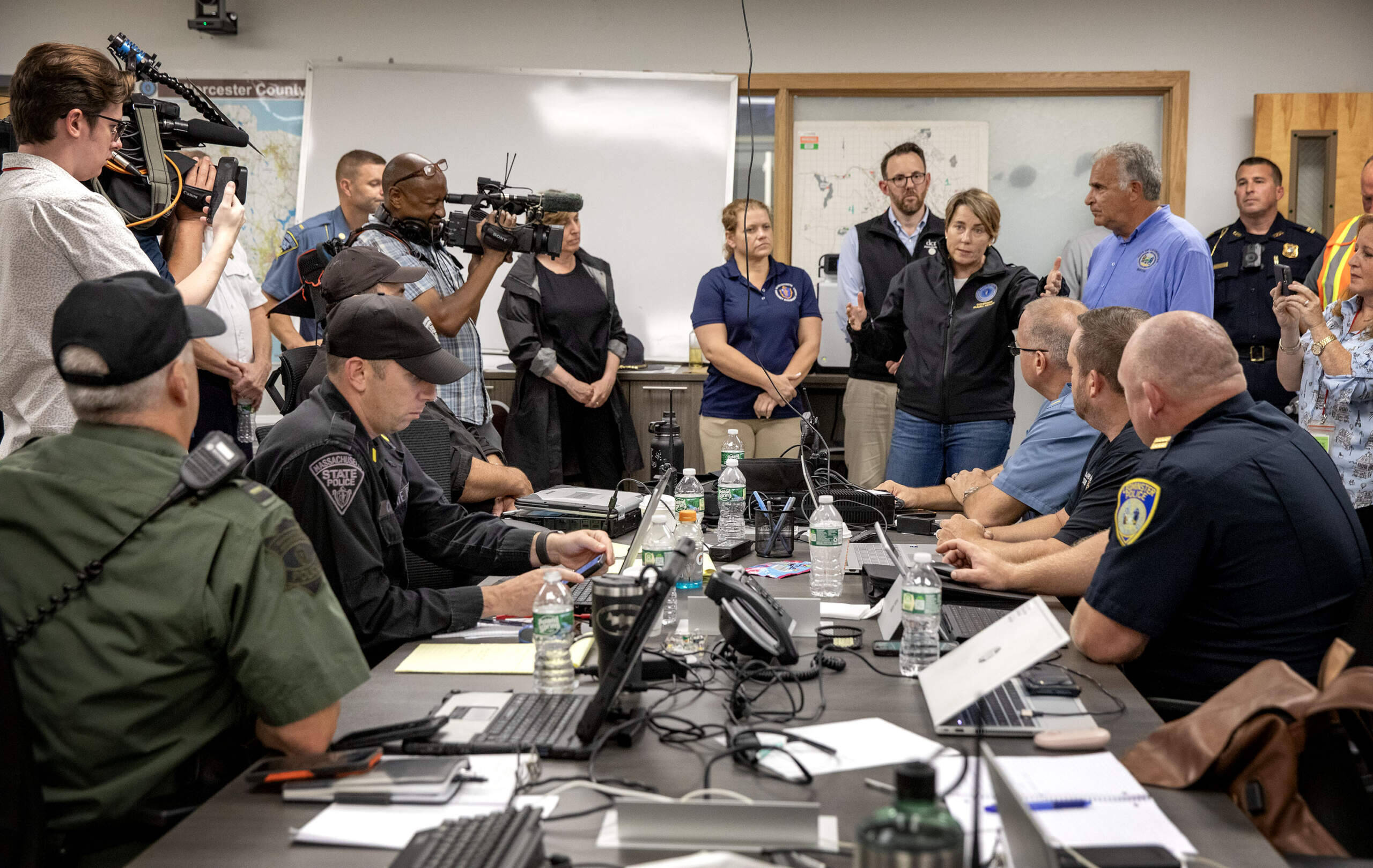 Gov. Maura Healey thanks the emergency first responders in Leominster, Sept. 12, 2023. (Robin Lubbock/WBUR)