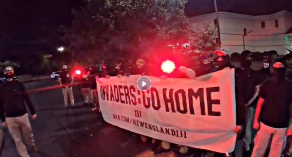 A screen grab from a video posted on the platform Gab by the hate group, depicting its anti-immigrant rally in Marlborough in September, 2023.