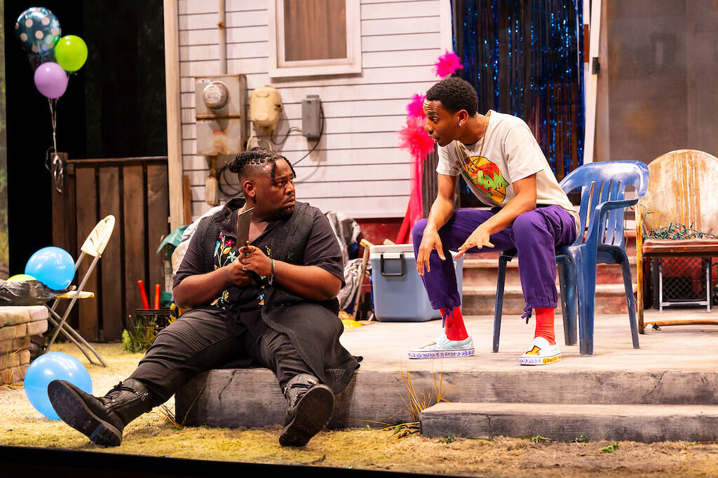 Marshall W. Mabry IV and Lau’rie Roach in "Fat Ham" at the Calderwood Pavilion. (Courtesy T Charles Erickson)