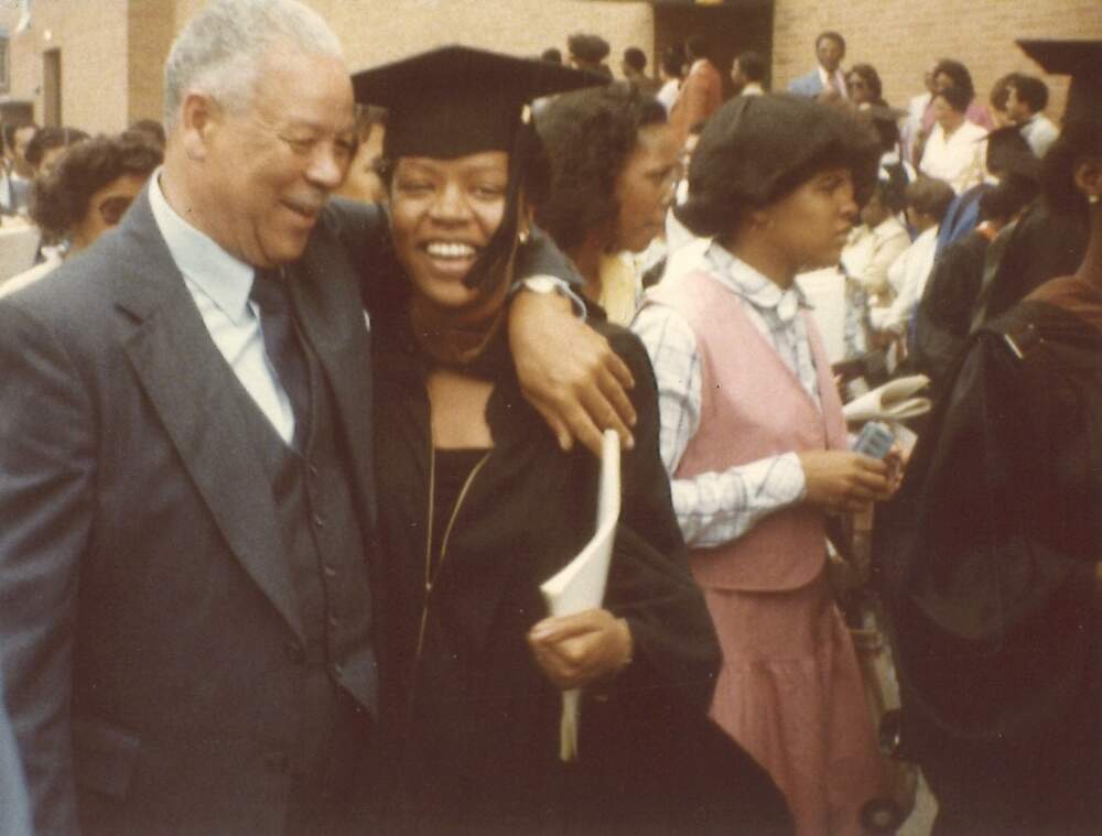 The author's aunt, Gail Tomlinson and her father, at Gail's graduation from Howard University. (Courtesy Nadia Harden)