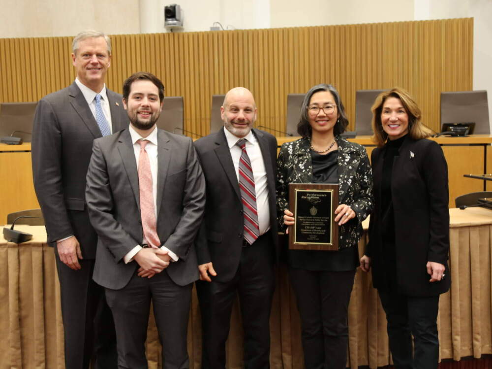Gov. Charlie Baker and Lt. Gov. Karyn Polito honor state housing officials with the Manuel Carballo Award for Excellence in 2019. (Photo obtained by public records request)