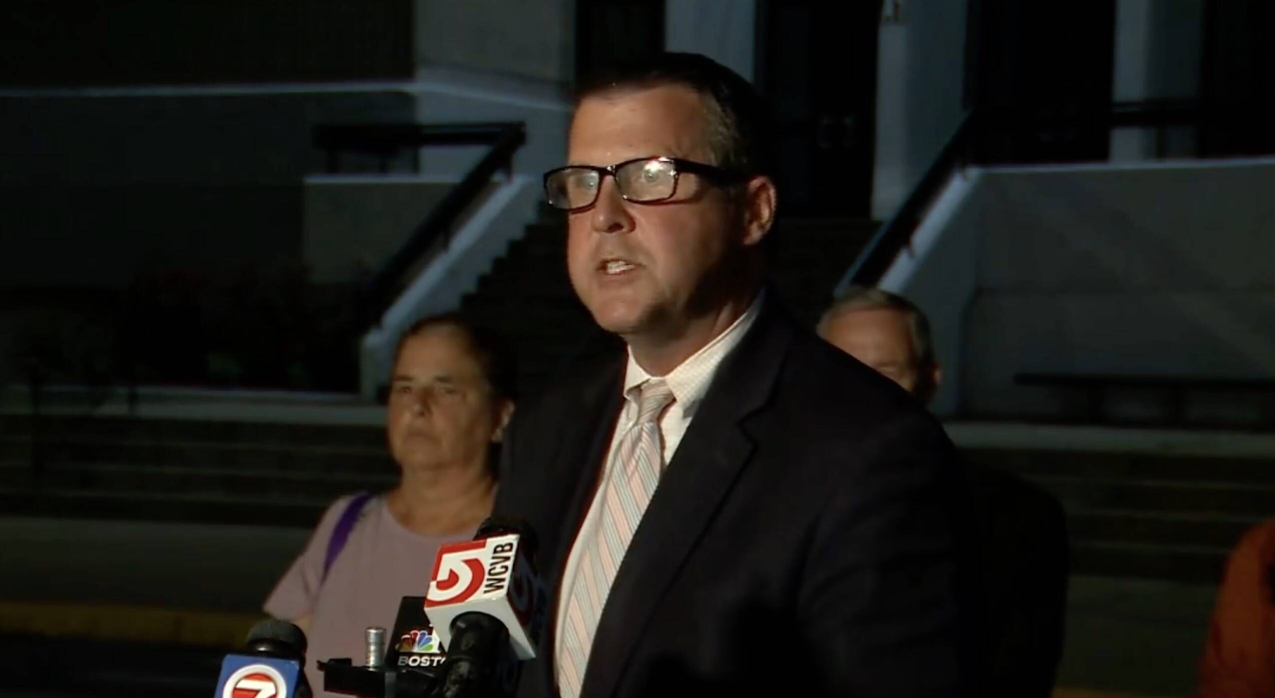 Brockton Mayor Robert Sullivan during a press briefing about the schools deficit last year. (Screengrab from WCVB Boston)