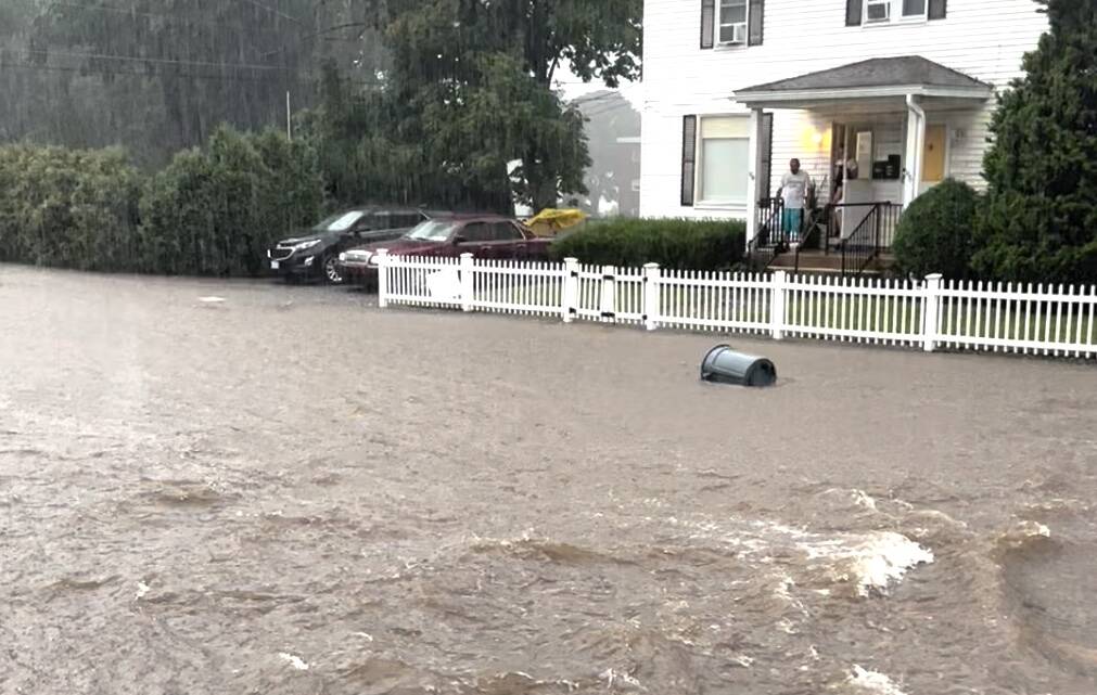 Flood waters on a main thoroughfare in Leominster on Monday, Sept. 11, 2023. (Courtesy of Laura Dowd)