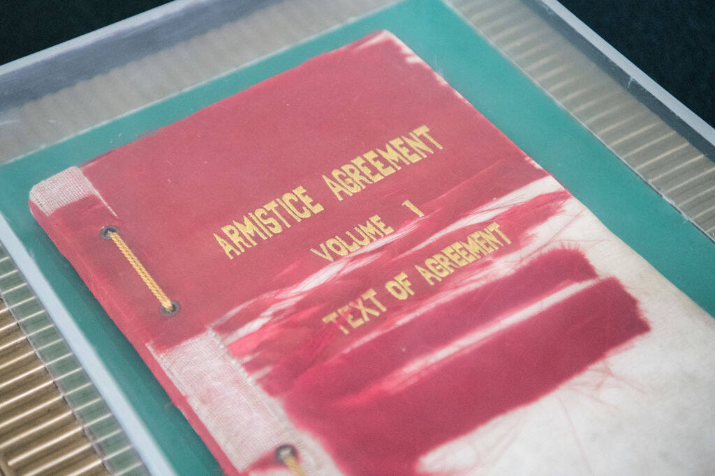 The original English copy of the armistice agreement that halted the Korean War is displayed on the North Korean side of the demilitarized zone (DMZ) on August 24, 2018 in Kaesong, North Korea. (Carl Court/Getty Images)