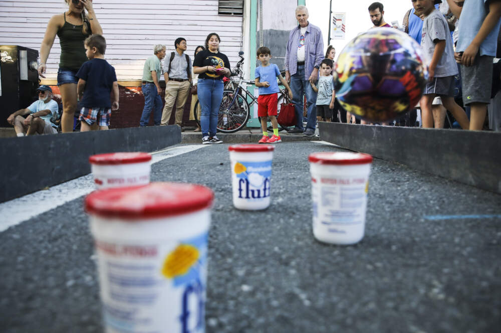 Children line up for Fluff Bowling during the What the Fluff Festival in Somerville, MA on Sep. 21, 2019. (Erin Clark for The Boston Globe via Getty Images)