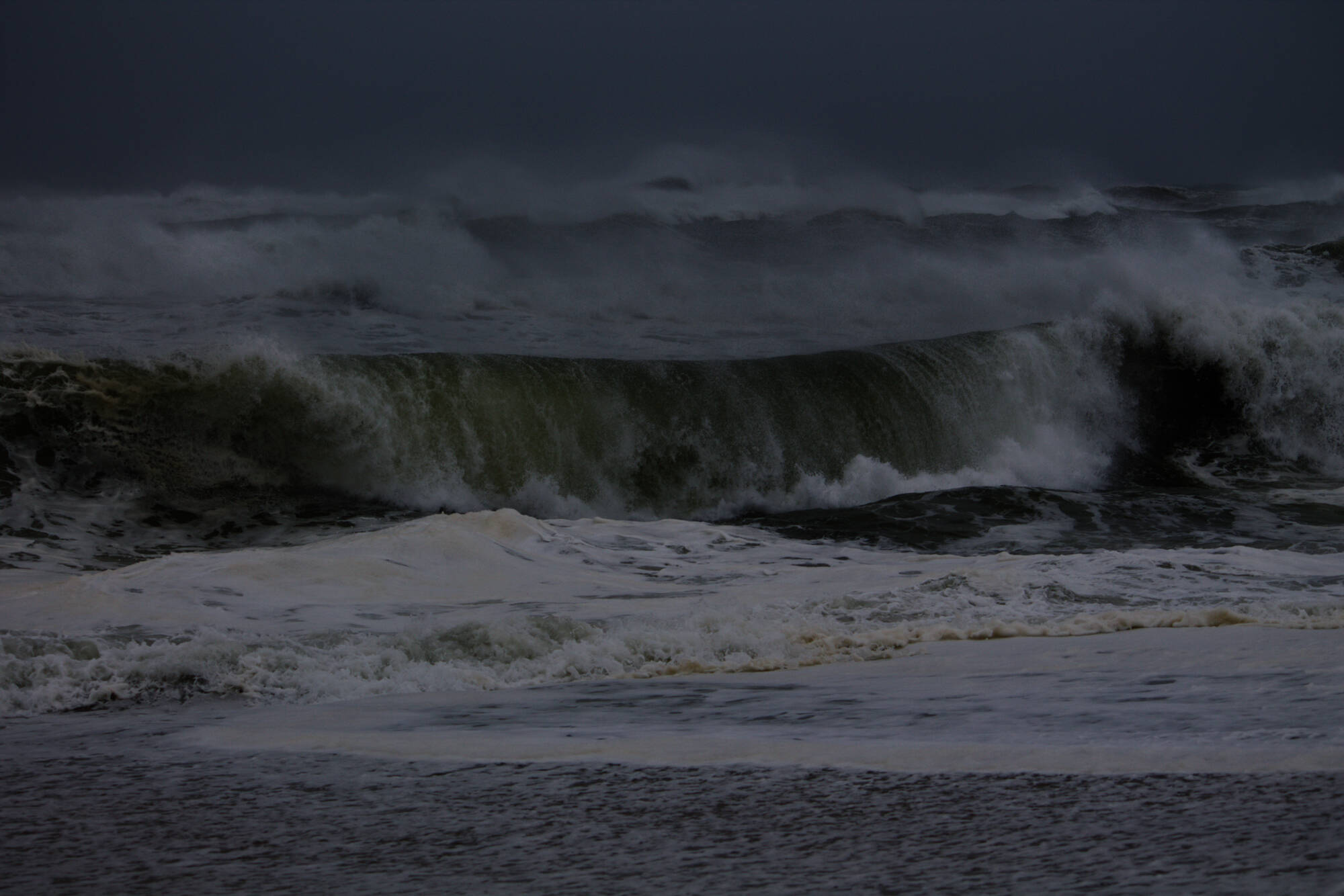 The surf at Nauset Beach in Orleans churned as Lee passed off the coast of Cape Cod. (Miriam Wasser/WBUR)