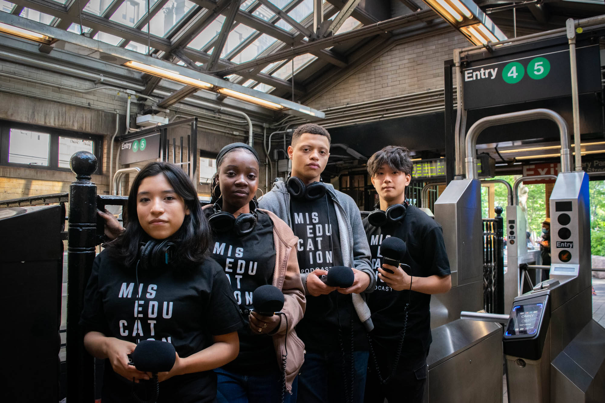 "Miseducation" student reporters Jadelyn Camey, Fredlove Deshommes, Wesley Almanzar, and Edward Mui. (Courtesy of Mira Gordon)