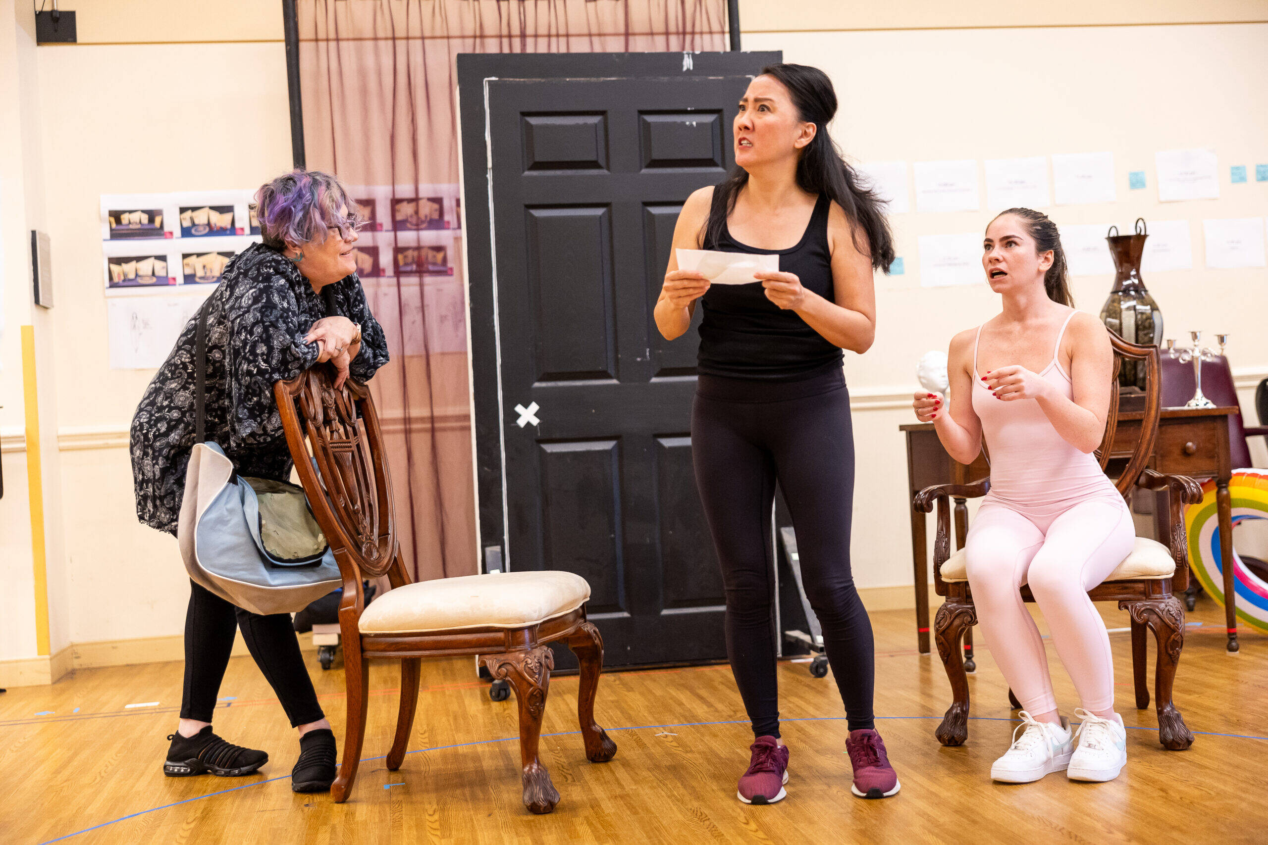 From left: Johanna Carlisle-Zepeda, Lisa Yuen, and Monique Ward Lonergan in rehearsal for POTUS at SpeakEasy Stage. (Courtesy of Nile Scott)