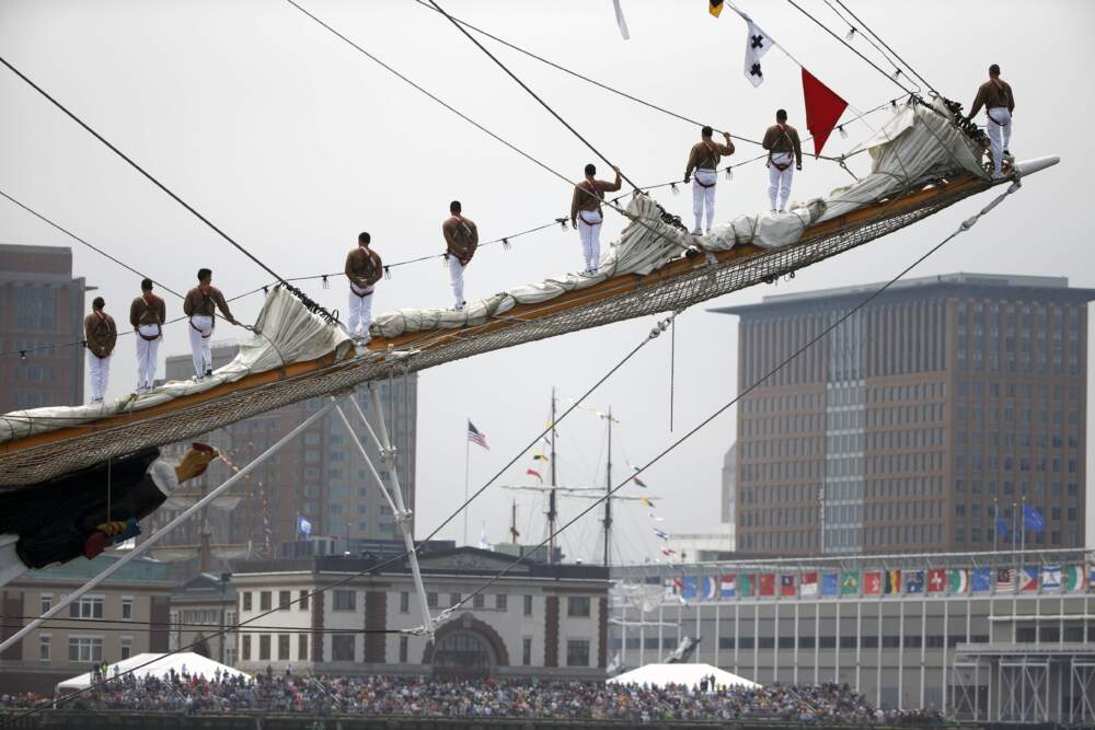 Sailors man the bowsprit on the Chilean Navy tall ship Esmerelda during Sail Boston's Parade of Sail, June 17, 2017, in Boston. (Michael Dwyer/AP)