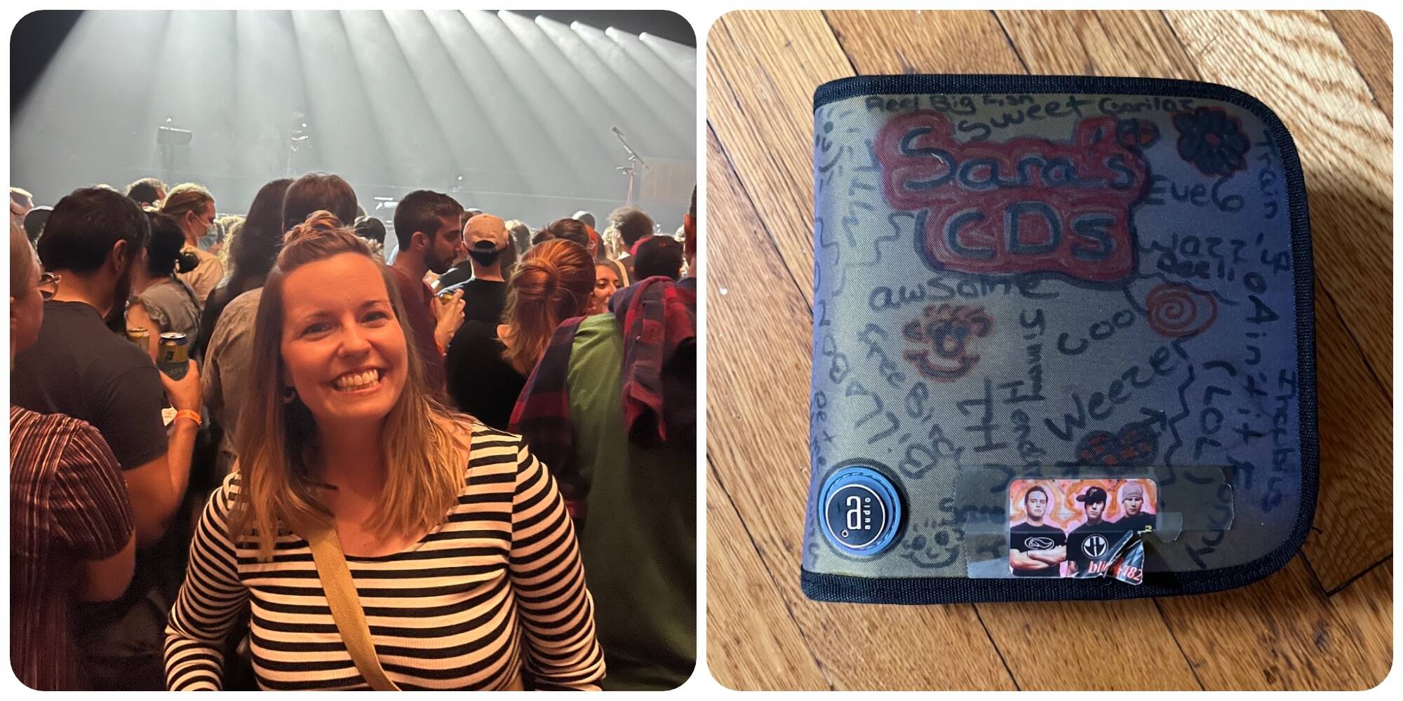 The author at the Death Cab for Cutie/Postal Service 20th Anniversary concert in Boston, September 12, 2023 (left) and the author’s CD case, complete with Blink 182 sticker, circa 2003. (Courtesy Sara Schreur)