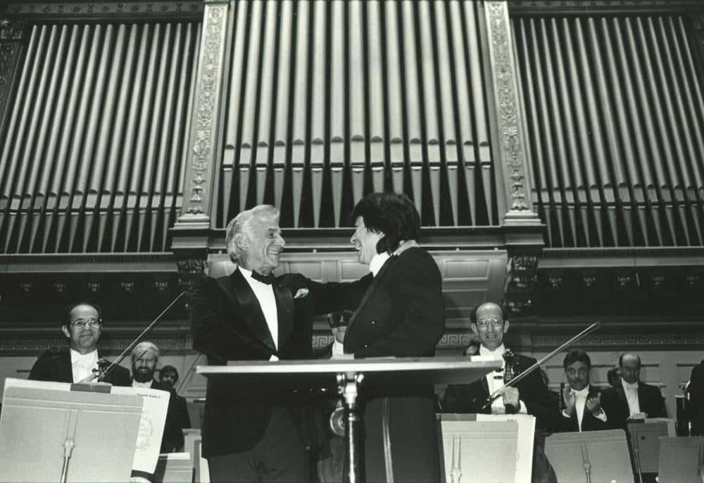 Seiji Ozawa with Leonard Bernstein in 1980. (Courtesy Peter Schaaf/BSO)