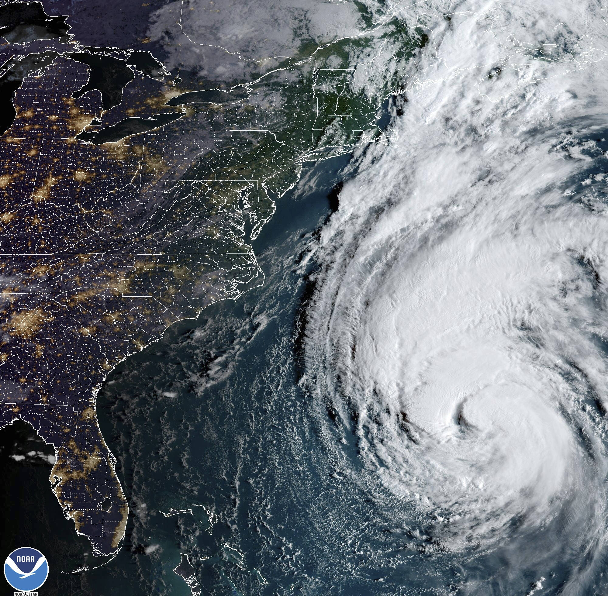 Satellite image provided by the National Oceanic and Atmospheric Administration shows Hurricane Lee in the Atlantic Ocean. (NOAA via AP)