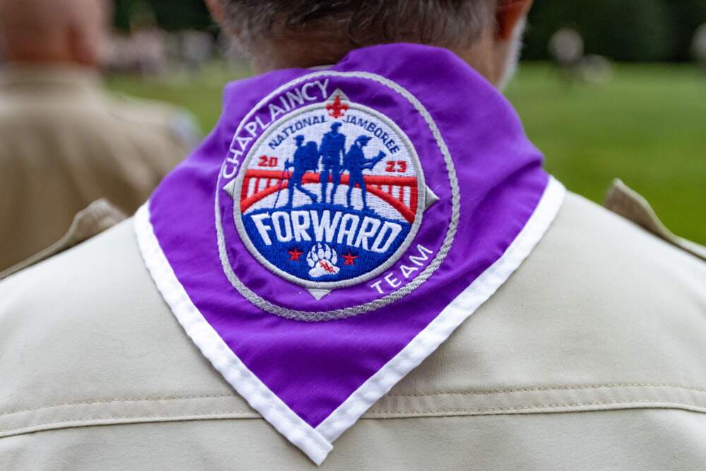 The neckerchief worn by Tom Andrew identifying him as camp chaplain at Griswold Scout Reservation near Gilmanton Iron Works in New Hampshire. (Jesse Costa/WBUR)