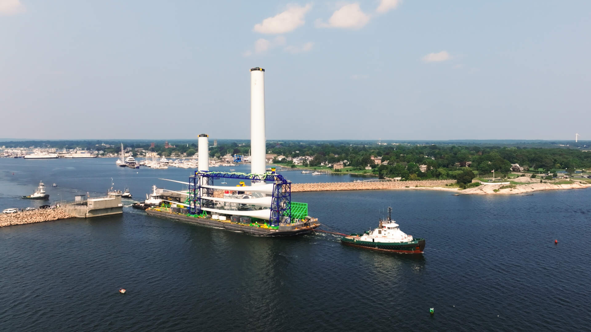 The Foss Prevailing Wind, a specialized barge, carries wind turbine components from New Bedford to the wind lease area near Martha's Vineyard. (Courtesy of Vineyard Wind.)