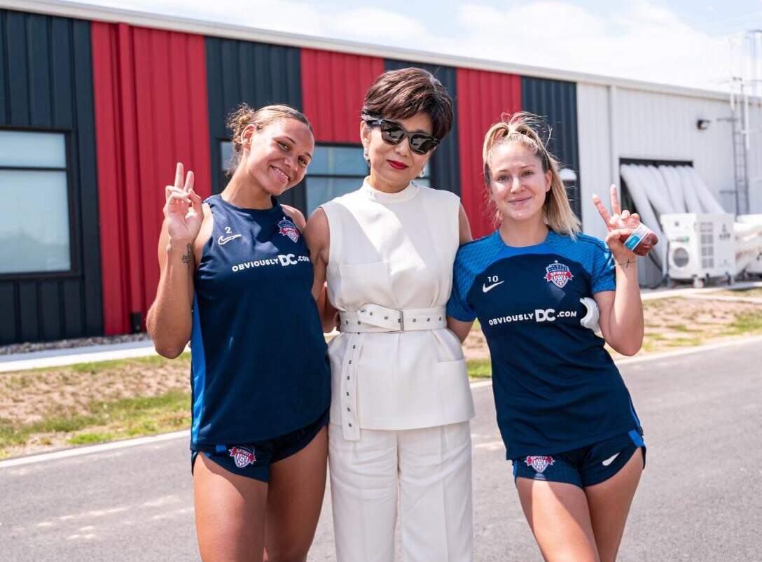 Spirit forwards Ashley Sanchez and Trinity Rodman with team owner Michele Kang at the Inova Performance Center. (Courtesy of Washington Spirit)