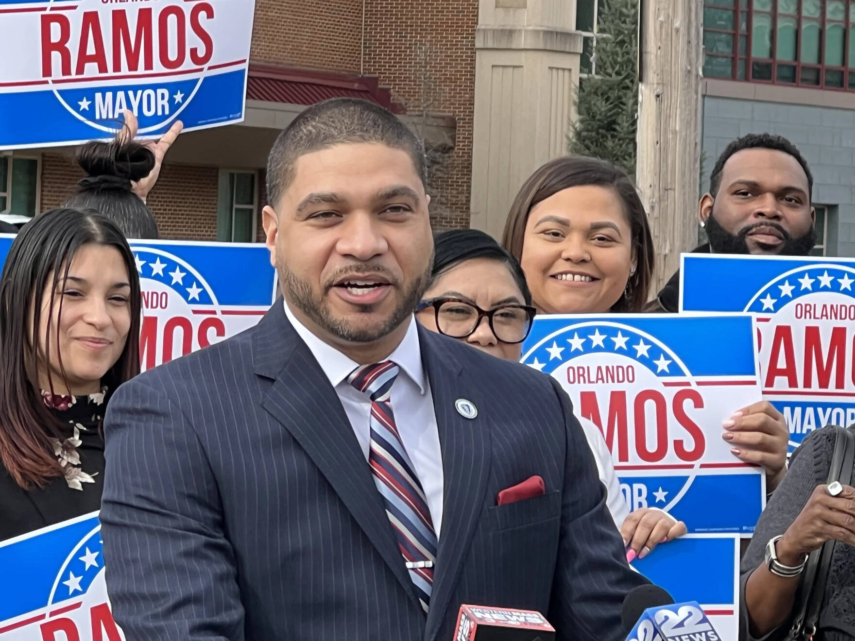 State Rep. Orlando Ramos announcing his candidacy for mayor of Springfield, Massachusetts, on Feb. 16, 2023. (Adam Frenier/NEPM)