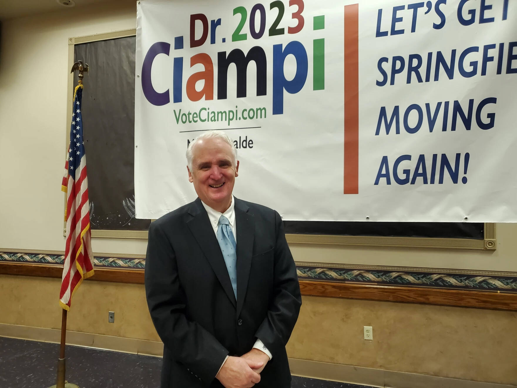 Longtime Springfield resident David Ciampi kicked off his campaign for Springfield mayor on Wednesday, Jan. 25, 2023, at the Elks Lodge in Springfield, Mass. (Elizabeth Román/NEPM)