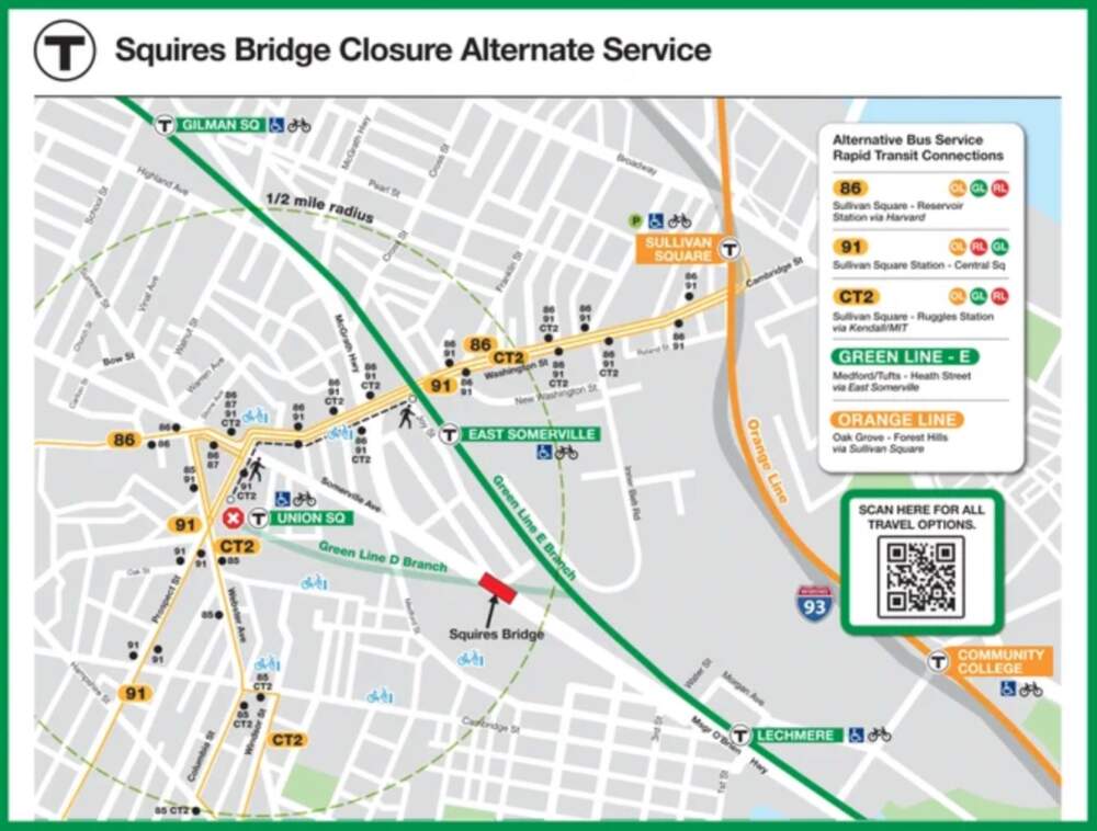 This map shows alternative routes riders can take to get around the branch closure. (Courtesy of the MBTA)