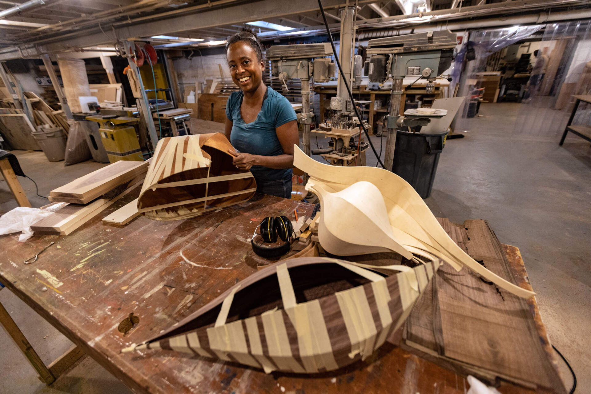 Artist and woodworker Alison Croney Moses in her woodshop. (Jesse Costa/WBUR)