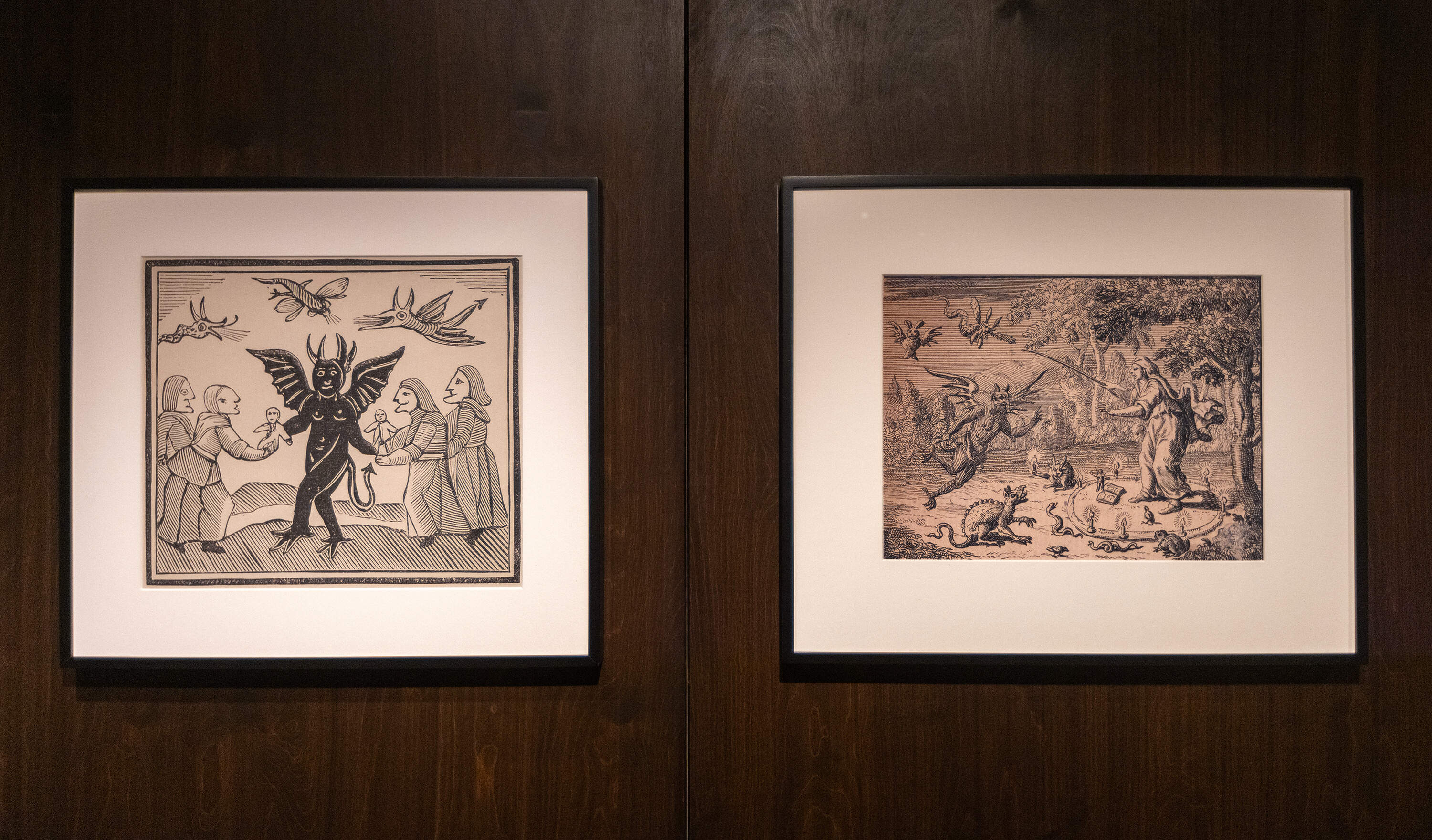 Left: Woodblock print depicting witches making offerings to the devil, from Laurence Price's "The Witch of the Woodlands; or the Cobler's New Translation" (1655). Right: A reproduction of "The Witches of Warboyse" Frontispiece illustration from Richard Boulton's "A compleat history of magick, sorcery, and witchcraft," 1715. (Jesse Costa/WBUR)