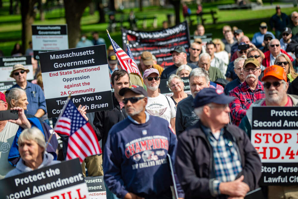 About 200 people turned out for the Gun Owners Action League rally at the Parkman Bandstand in the Boston Common in opposition to HD 4420 bill which they say goes too far and violates the Second Amendment. (Jesse Costa/WBUR)