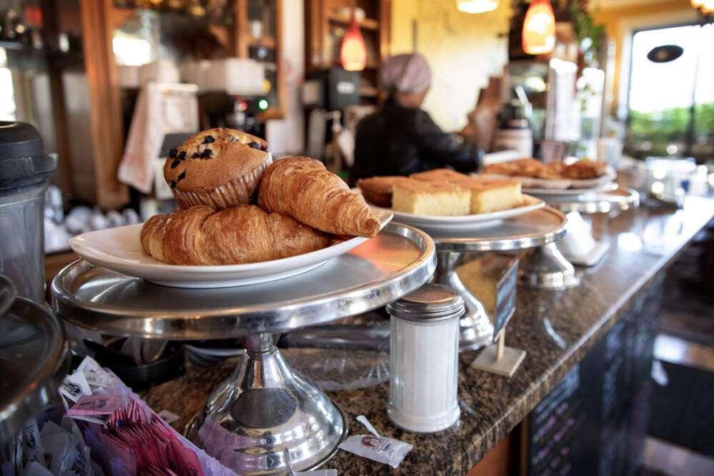 Croissants and other baked goods on the counter of the Andala Coffee House in Cambridge. (Robin Lubbock/WBUR)