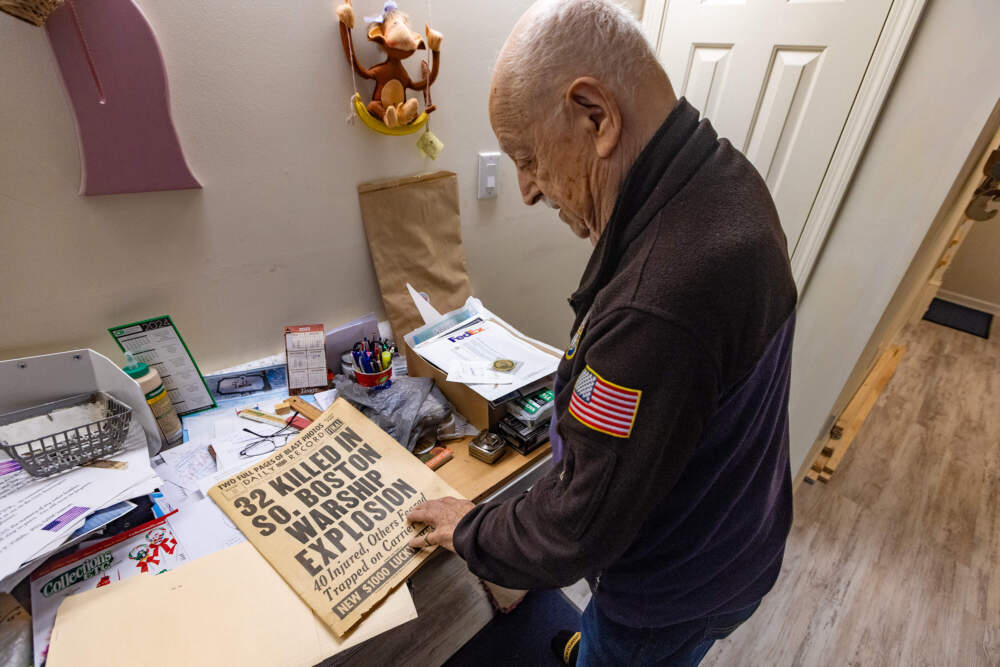 Jim Tsihlis saved a copy of the Oct. 17, 1953 issue of the Daily Record, which reported the previous day's explosion on the USS Leyte. (Jesse Costa/WBUR)