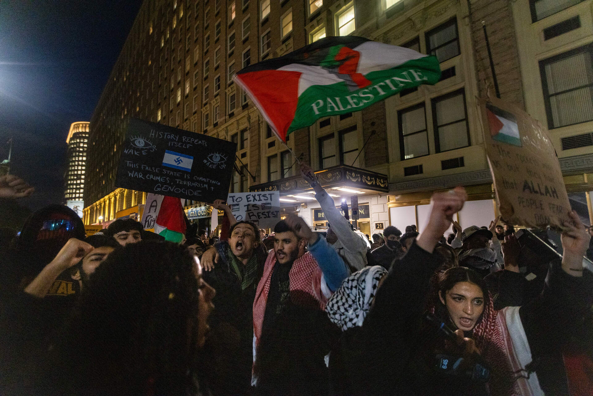 Protesters rally in front of the Israeli Consulate in Boston. (Jesse Costa/WBUR)