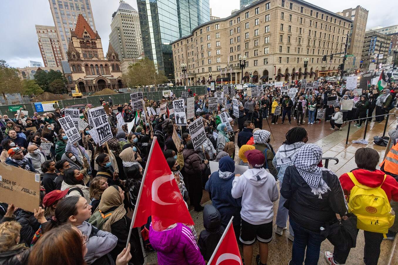 Protesters gather in Copley Square to support Palestinians under siege in Gaza. (Jesse Costa/WBUR)