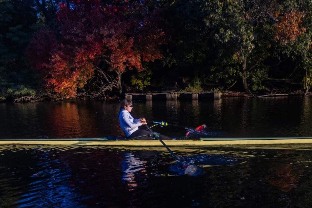 Rower Maria Prodan practices on the Charles River. (Jesse Costa/WBUR)