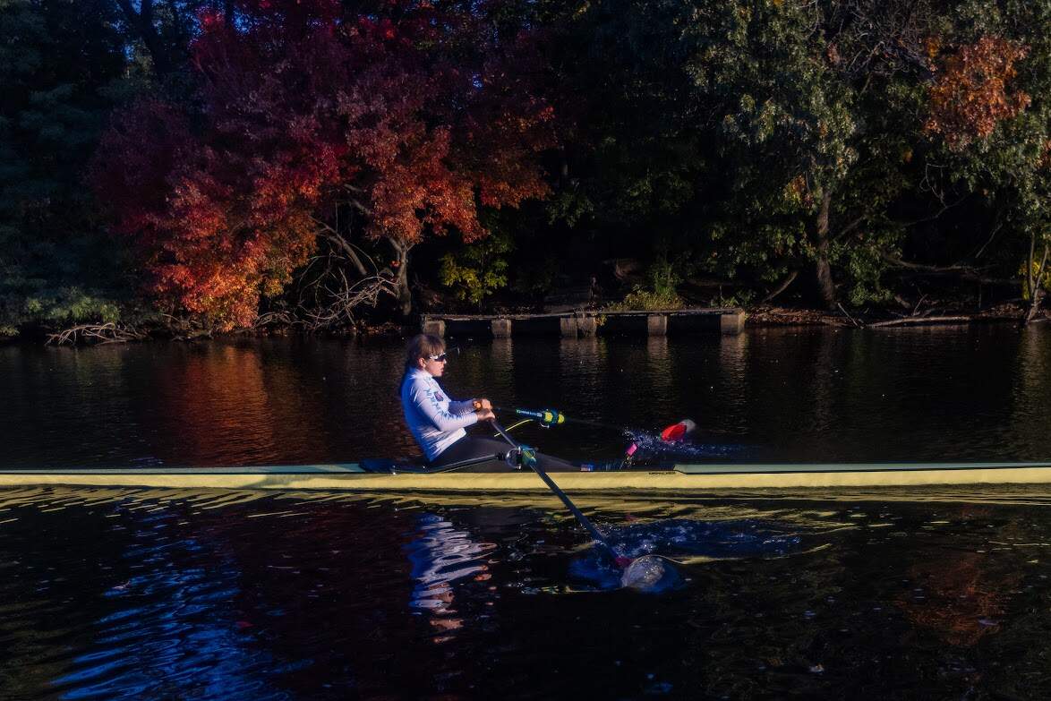 Rower Maria Prodan practices on the Charles River. (Jesse Costa/WBUR)