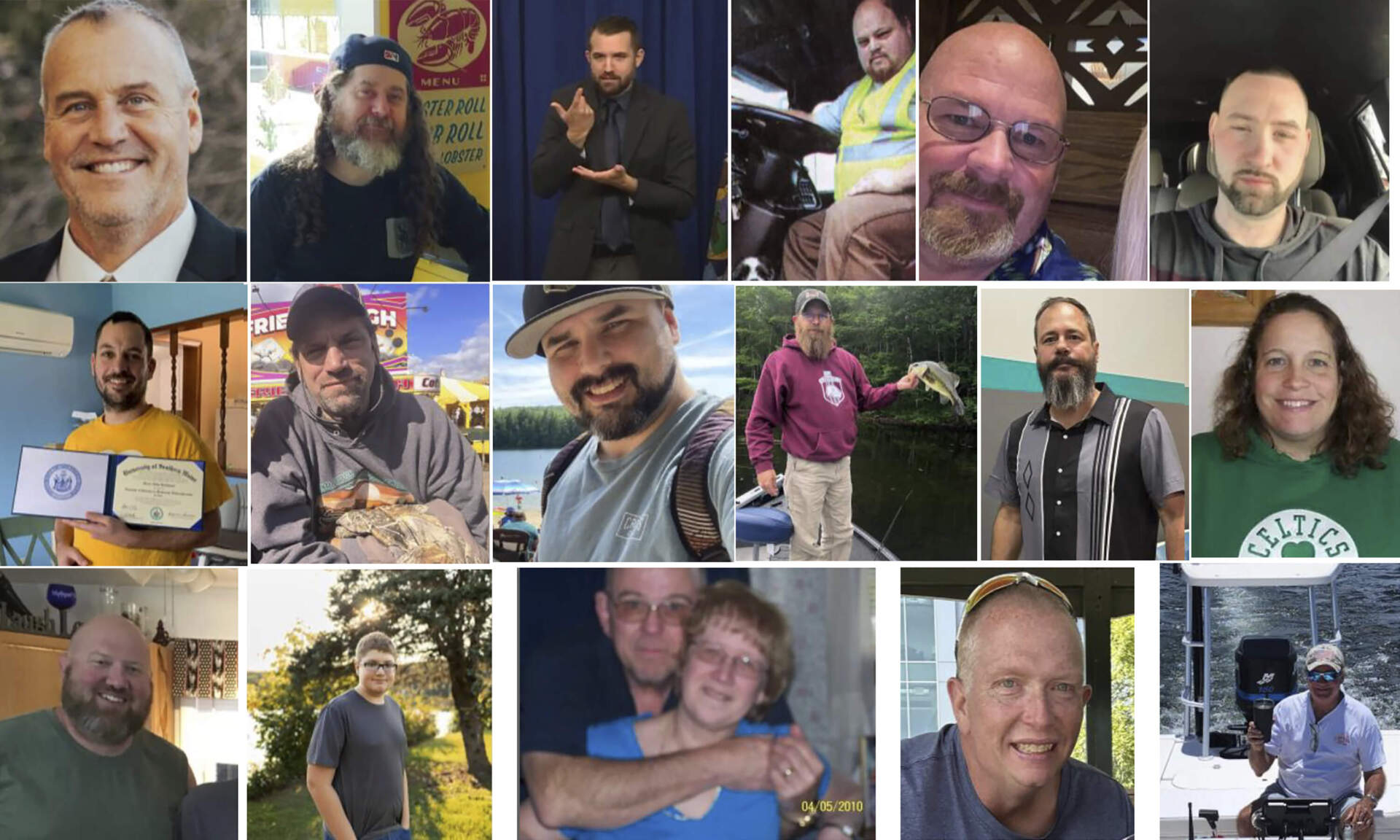 Victims of the Maine shooting. Top from left, Ronald G. Morin, Peyton Brewer-Ross, Joshua A. Seal, Bryan M. MacFarlane, Joseph Lawrence Walker, Arthur Fred Strout. Second row from left, Maxx A. Hathaway, Stephen M. Vozzella, Thomas Ryan Conrad, Michael R. Deslauiers II, Jason Adam, Tricia C. Asselin. Third Row from left, William A. Young, Aaron Young, Robert E. Violette and Lucille M. Violette, William Frank, Keith D. Macneir. (Maine Department of Public Safety via AP)