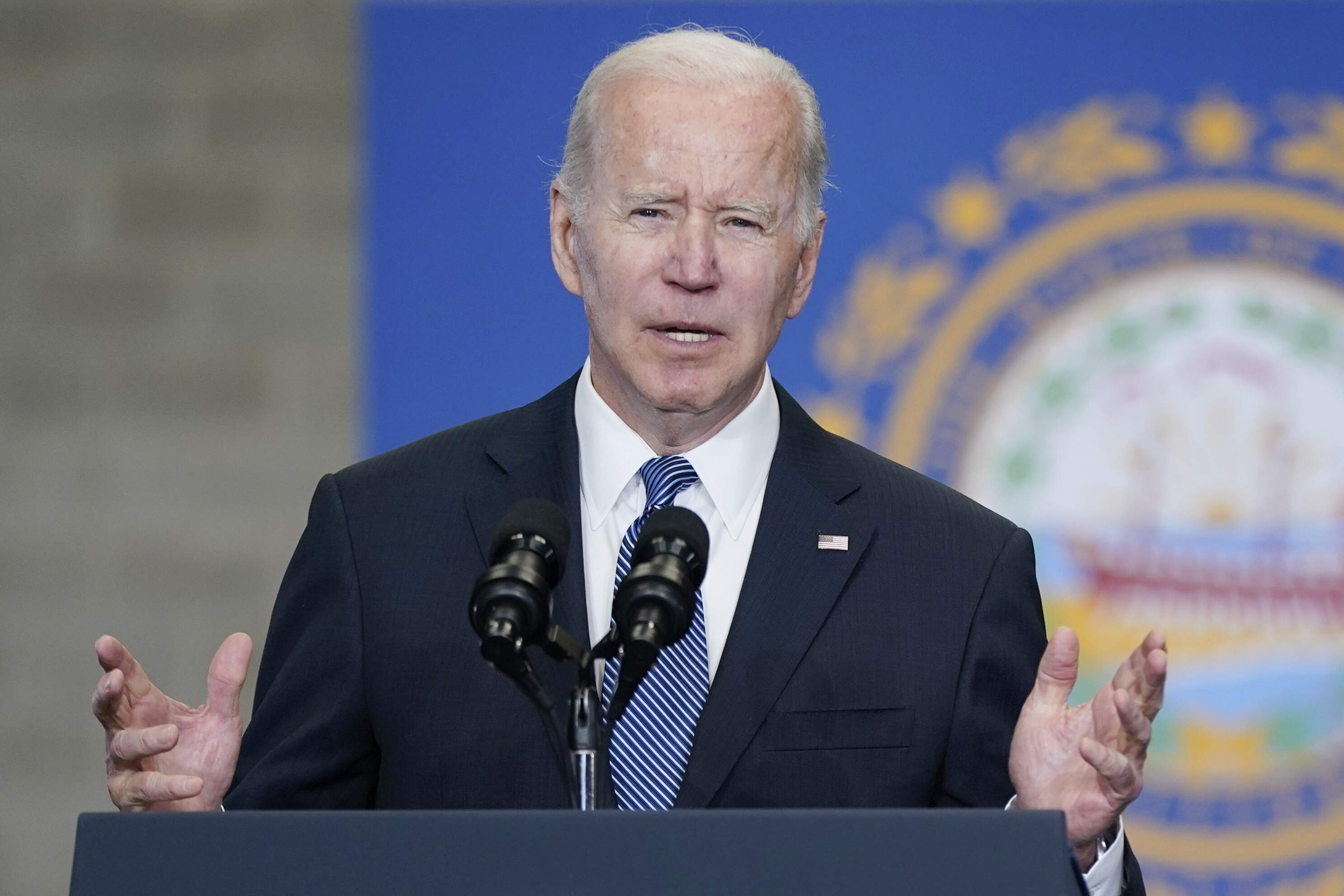 President Joe Biden speaks about his infrastructure agenda at the New Hampshire Port Authority in Portsmouth, N.H., Tuesday, April 19, 2022. (Patrick Semansky/AP)