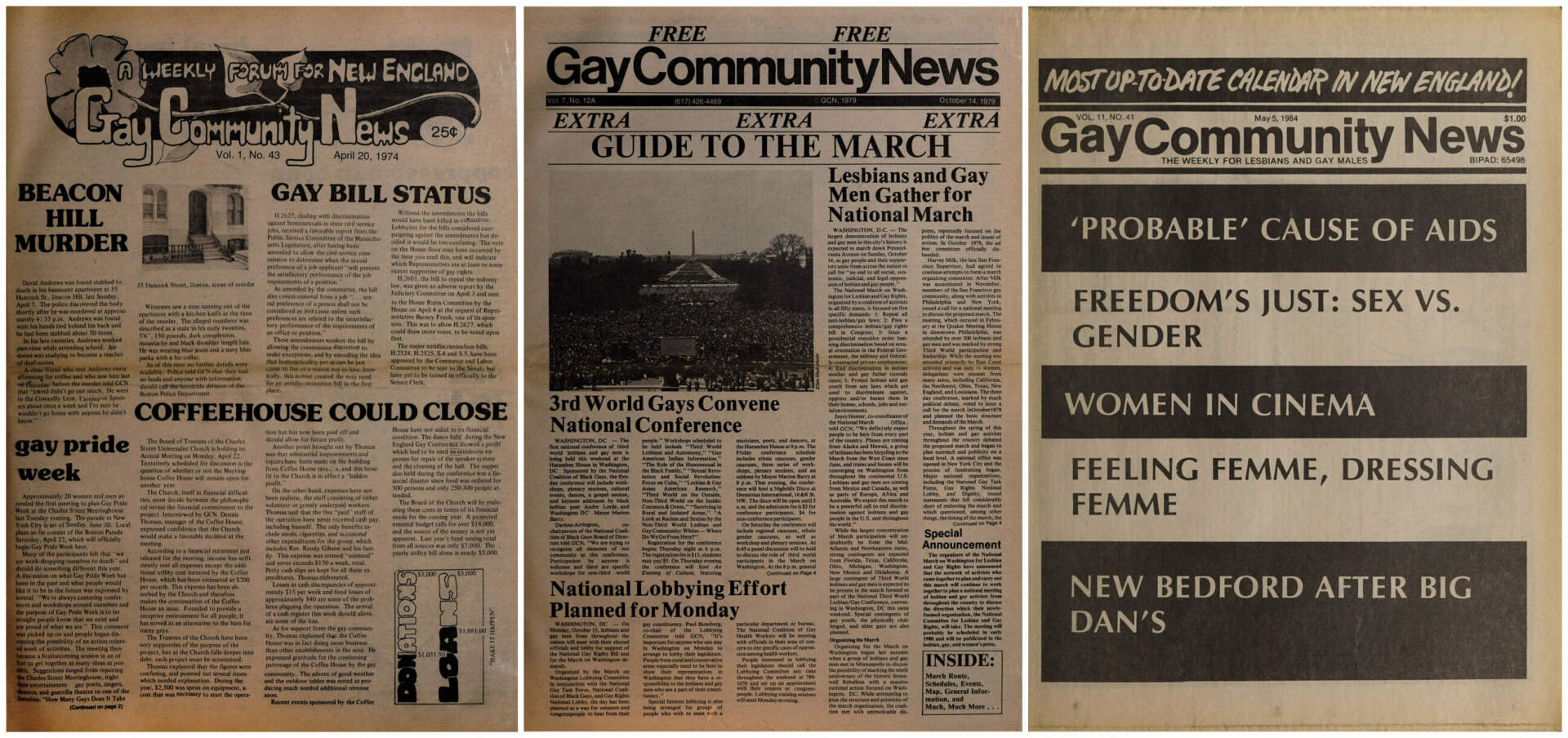 Covers of past issues of Gay Community News. (Courtesy Northeastern University Library | Archives and Special Collections)