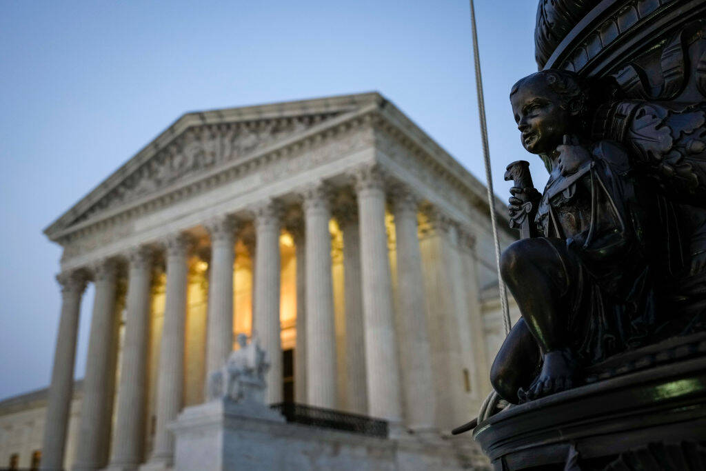 WASHINGTON, DC - JUNE 28: The U.S. Supreme Court is shown at dusk on June 28, 2023 in Washington, DC. The high court is expected to release more opinions tomorrow ahead of its summer recess, with cases involving affirmative action and student loan debt relief still to be decided. (Photo by Drew Angerer/Getty Images)