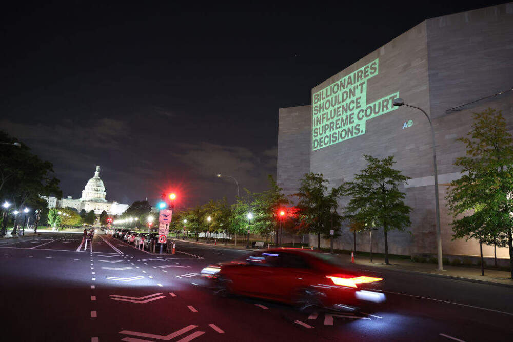 Government watchdog Accountable.US launches a campaign to call for recusals from allegedly conflicted Supreme Court Justices Samuel Alito and Clarence Thomas on the first day of The Supreme Court's 2023-2024 Term on Capitol Hill on October 02, 2023 in Washington, DC. (Paul Morigi/Getty Images)