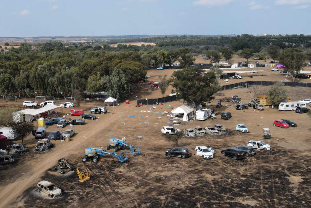 An aerial picture shows the abandoned site of the weekend attack on the Supernova desert music Festival by Palestinian militants near Kibbutz Reim in the Negev desert in southern Israel on Oct. 10, 2023. (Jack Guez/AFP via Getty Images)